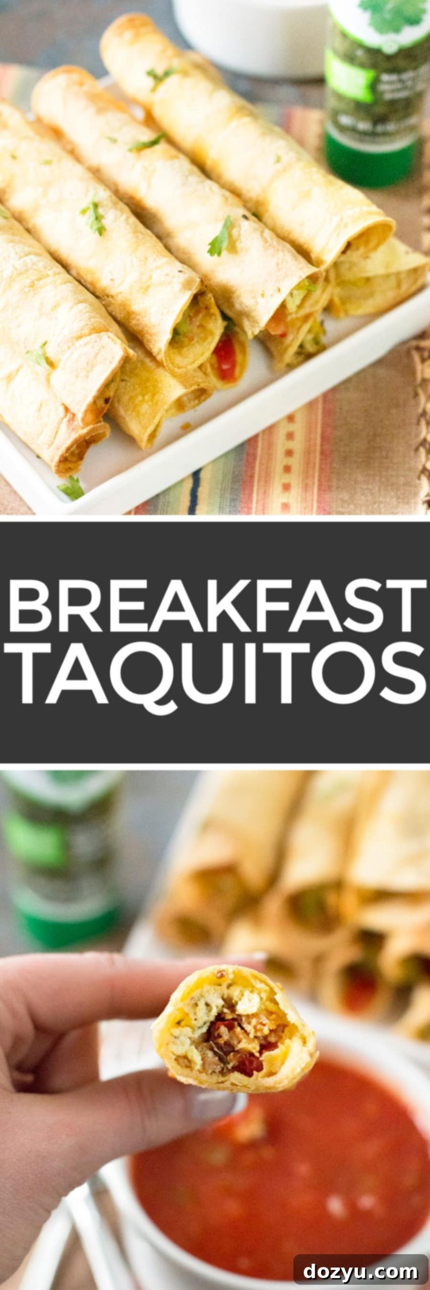 Sunrise Roll-ups 8 Pinterest pin graphic for Breakfast Taquitos recipe featuring an overhead shot of the dish