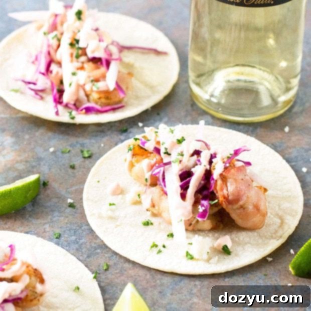 Grilled Bacon-Wrapped Shrimp Tacos in a culinary setting | cakenknife.com