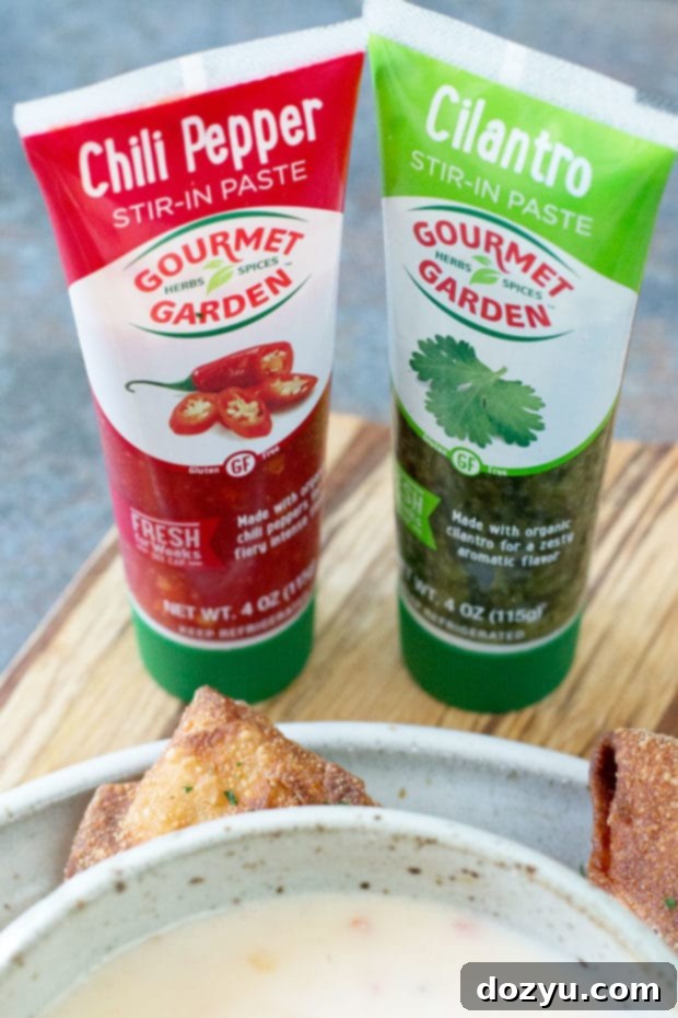 Ingredients for Chorizo Egg Rolls and Queso Dip, including Gourmet Garden cilantro paste.