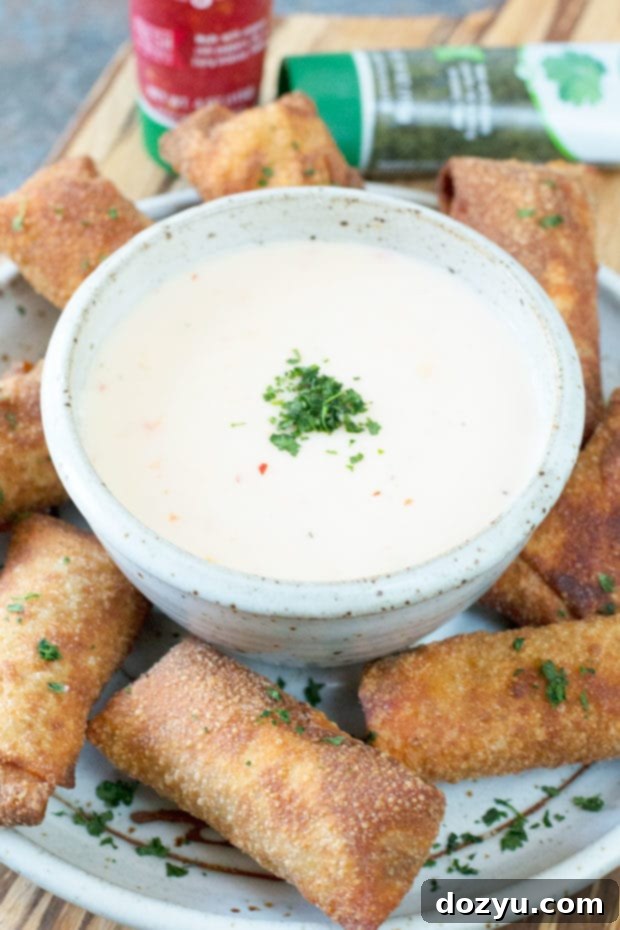 Hand dipping a Chorizo Egg Roll into a bowl of spicy queso.