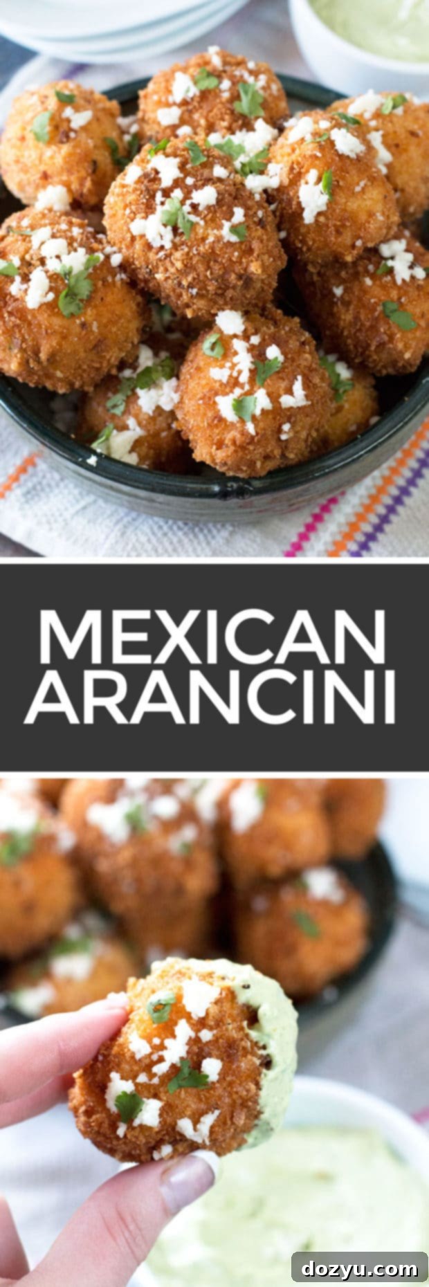 An overhead shot of Mexican Arancini served with a bowl of vibrant avocado cilantro dipping sauce, garnished with fresh cilantro and crumbled queso fresco.