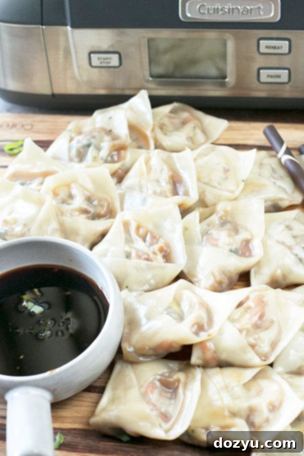 A plate of freshly steamed vegetable wontons, showcasing their delicate texture and golden-brown dipping sauce.