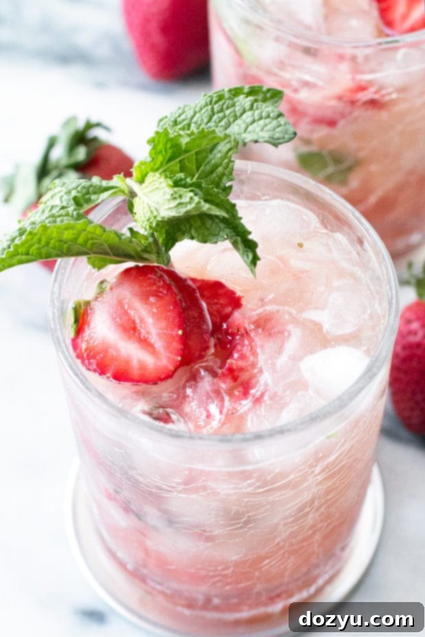 Strawberry Mint Julep cocktail in a julep cup with fresh strawberries and mint garnish