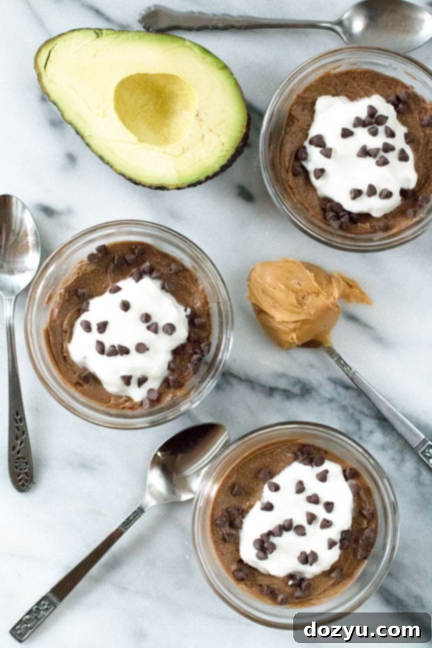 Close-up of Chocolate Avocado Pudding swirled with Peanut Butter
