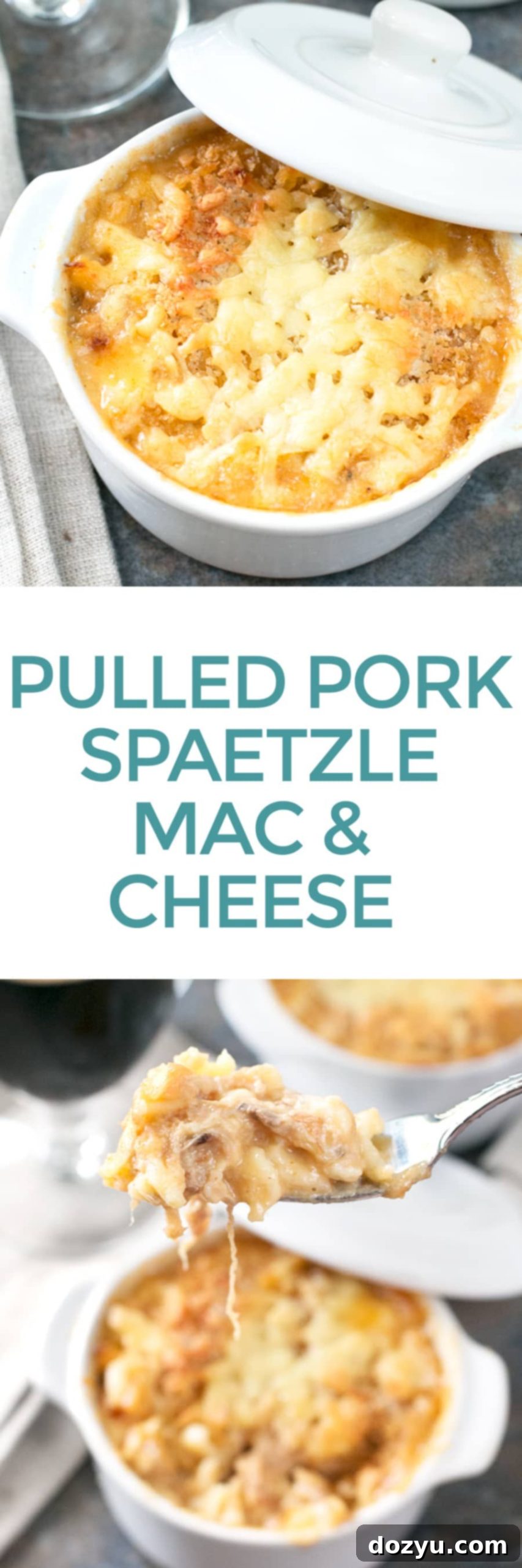A large, beautifully plated serving of Pulled Pork Spaetzle Mac and Cheese for Pinterest
