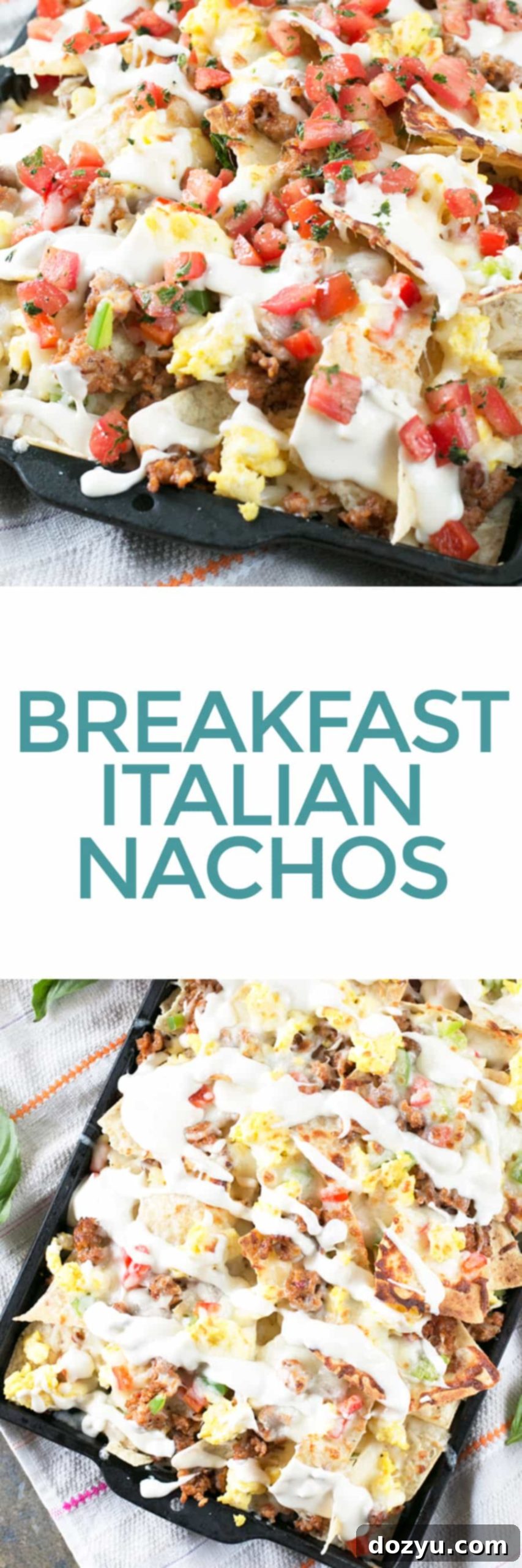 Breakfast Italian Nachos pin image for Pinterest, featuring a vibrant and savory breakfast dish with Alfredo sauce and fresh salsa.