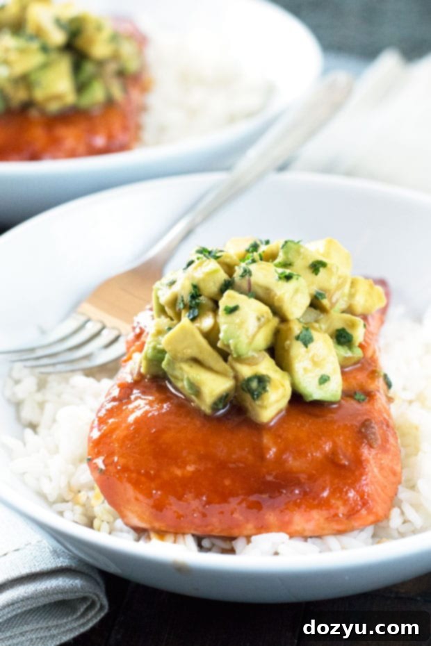 Sweet and Spicy Sriracha Salmon with Fresh Asian Avocado Salsa 3 Sriracha Glazed Salmon with Asian Avocado Salsa | cakenknife.com