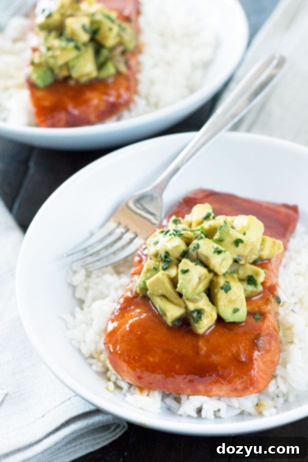 Sweet and Spicy Sriracha Salmon with Fresh Asian Avocado Salsa 4 Sriracha Glazed Salmon with Asian Avocado Salsa | cakenknife.com