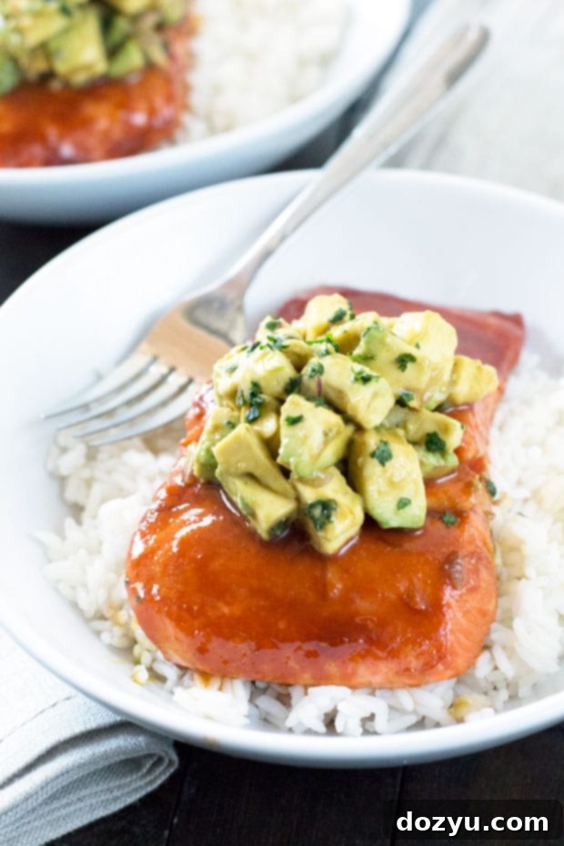Sweet and Spicy Sriracha Salmon with Fresh Asian Avocado Salsa 6 Sriracha Glazed Salmon with Asian Avocado Salsa | cakenknife.com