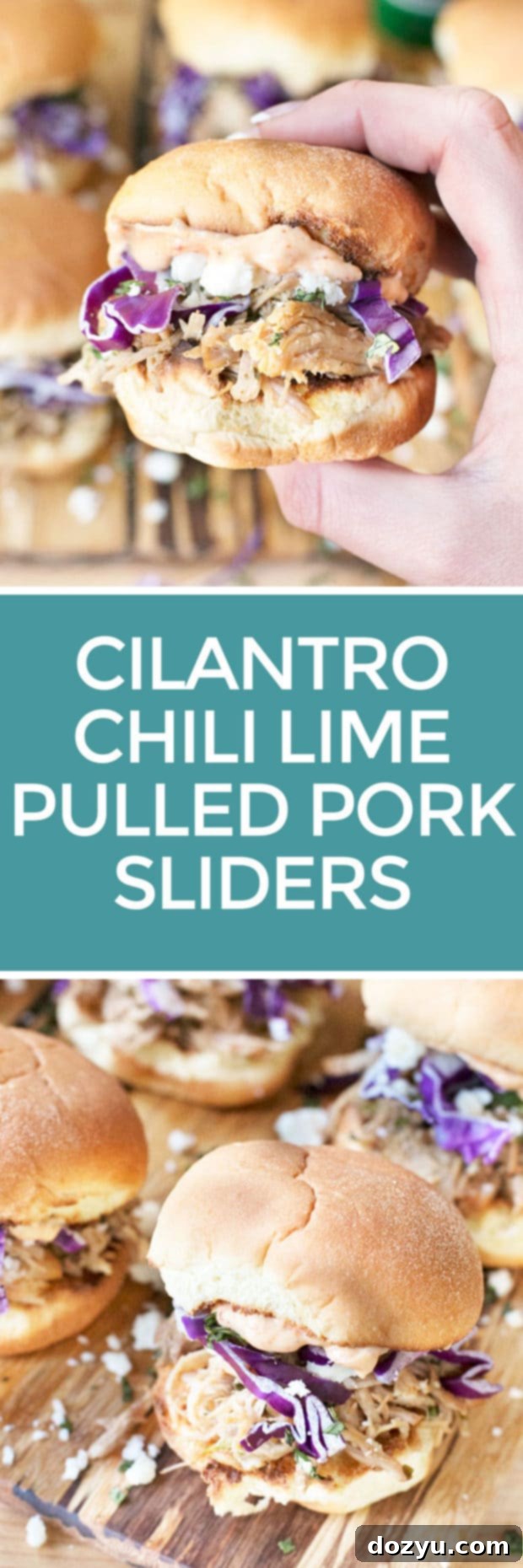 A perfectly arranged Pinterest-ready image of Cilantro Chili Lime Pulled Pork Sliders