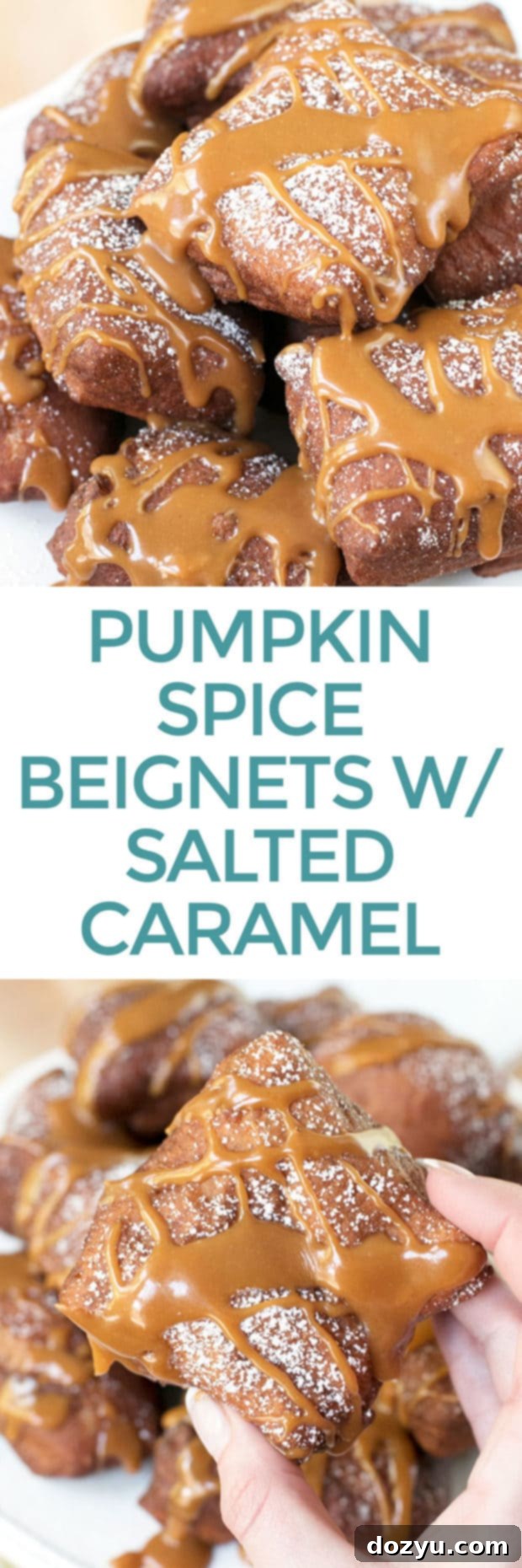 Pinterest pin image for Pumpkin Spice Beignets with Salted Caramel Drizzle - autumn dessert idea