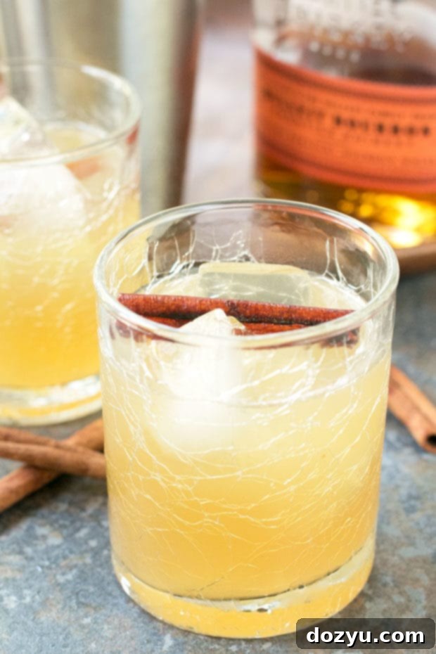 Rich amber Cinnamon Whiskey Sour garnished with a cinnamon stick, evoking cozy fall feelings