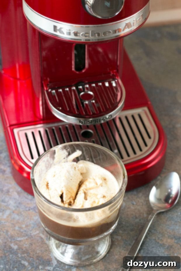Savor Boozy Pumpkin Spice Affogato and a KitchenAid Giveaway 5 Preparing Boozy Pumpkin Spice Affogato: Espresso being poured over ice cream.