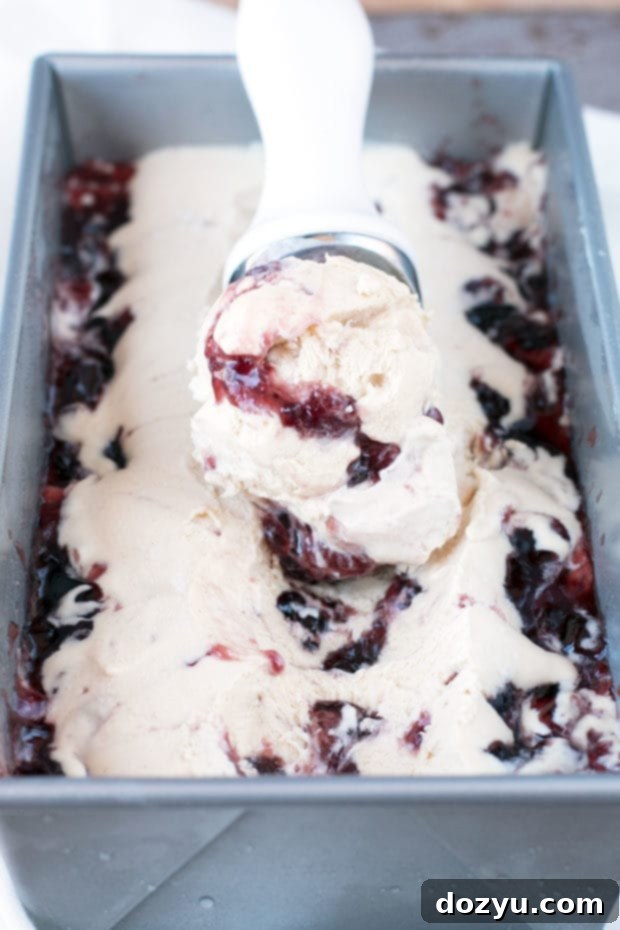 Close-up of PB&J Ice Cream showing the grape jelly swirl