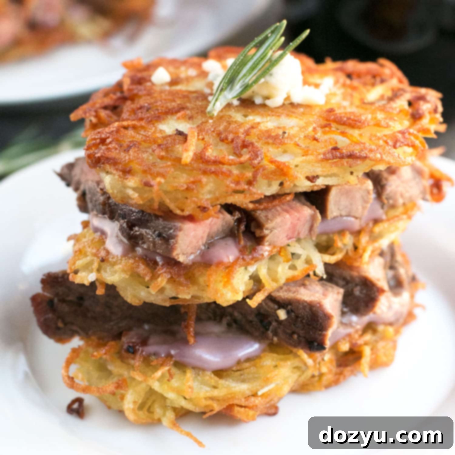 Garlic Rosemary Steak & Potato Stacks with Red Wine Blue Cheese Sauce