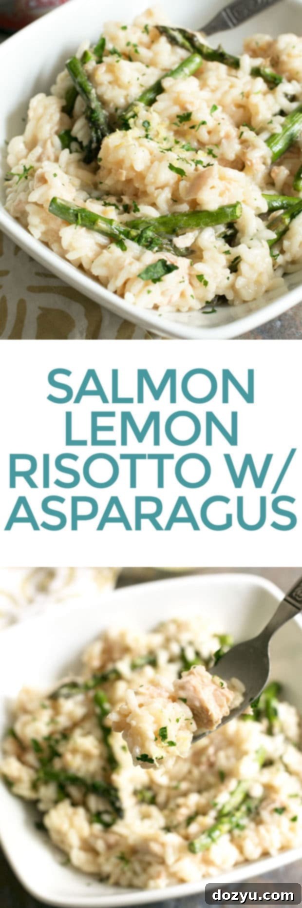 Pinterest graphic: Salmon Lemon Risotto with Asparagus recipe. Delicious and easy weeknight dinner idea.