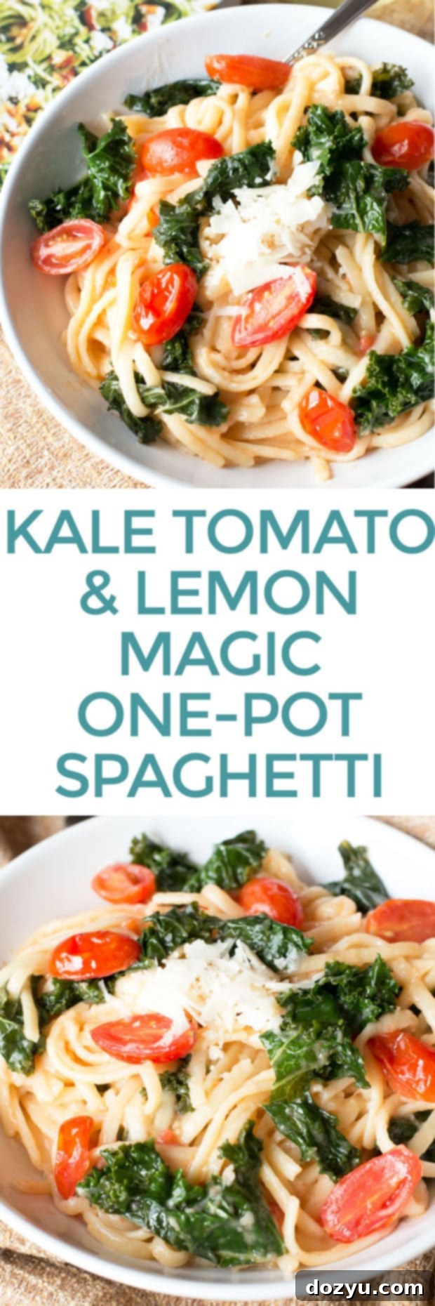 Exploring A Modern Way to Cook and its Kale Tomato Lemon Magic One Pot Spaghetti 7 Pinterest graphic for One-Pot Kale, Tomato, and Lemon Spaghetti featuring cooked pasta in a pot with fresh lemons