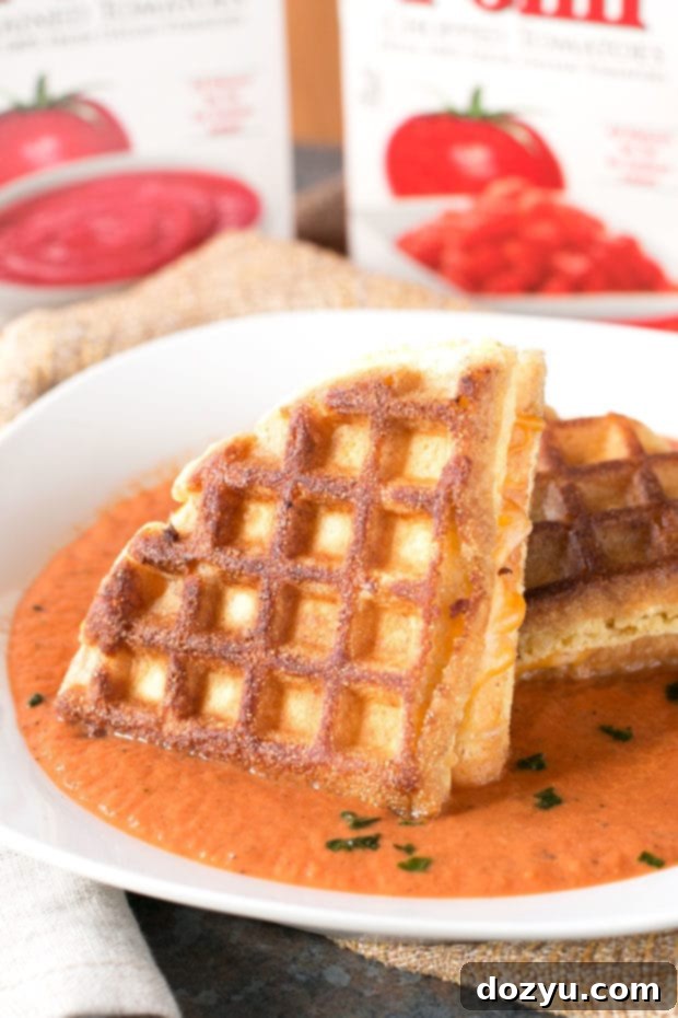 A perfectly golden Corbread Waffle Grilled Cheese Sandwich next to a bowl of creamy Tomato Basil Soup.