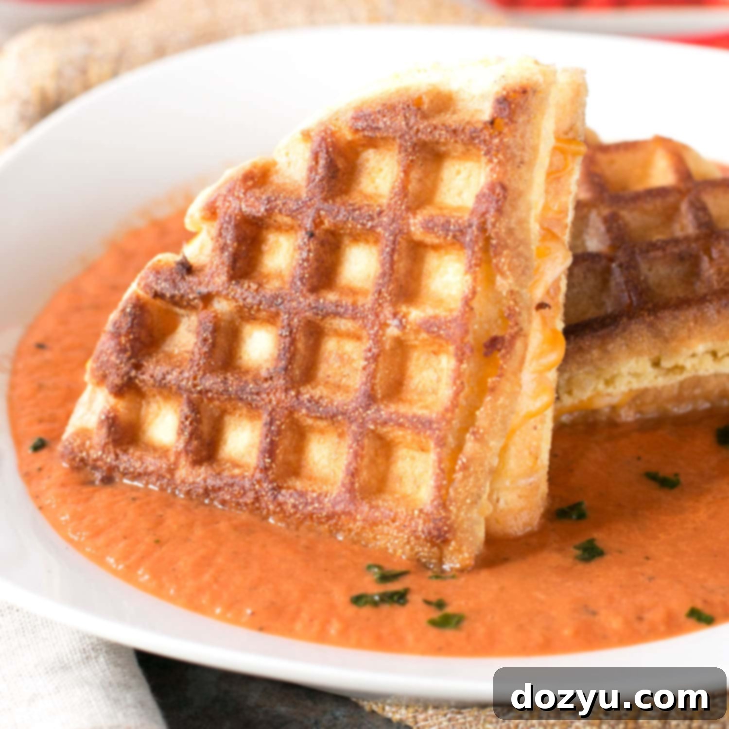 Thumbnail of Cornbread Waffle Grilled Cheese Sandwich and Tomato Basil Soup recipe.