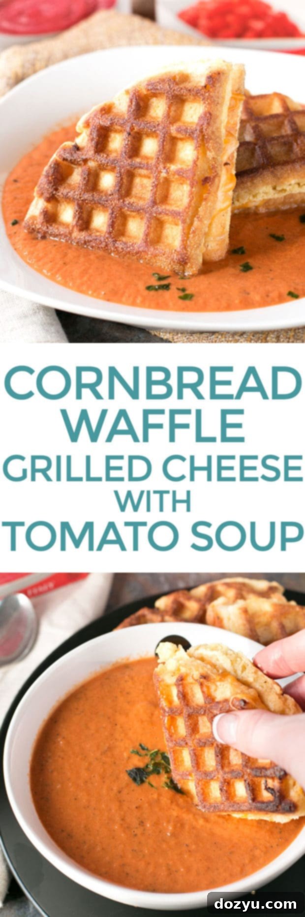 Pin image for Cornbread Waffle Grilled Cheese Sandwich with Tomato Basil Soup.
