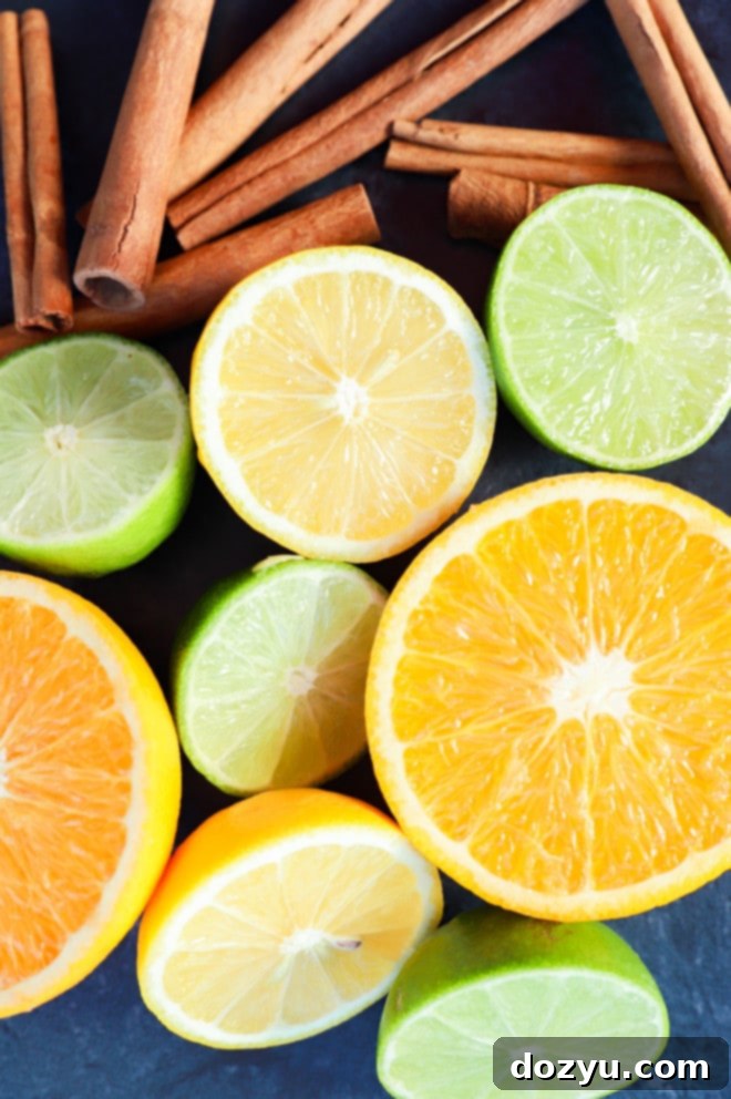 Sliced citrus fruits and cinnamon sticks ingredients for spiced rum punch