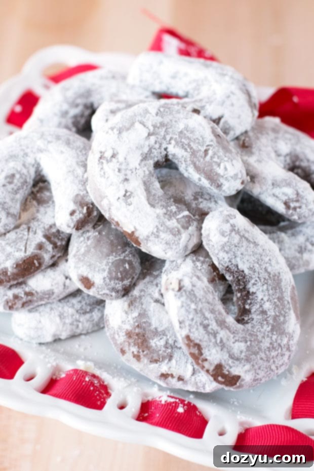 Closeup of Almond Mocha Crescent Cookies, perfect for holiday baking
