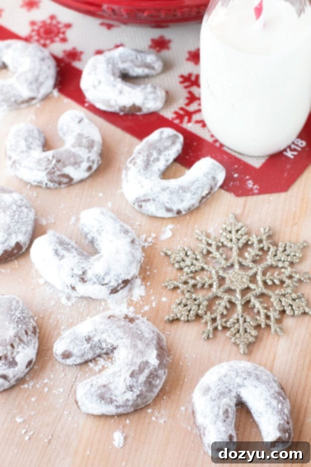Holiday themed Almond Mocha Crescent Cookies with Le Creuset and Silpat tools