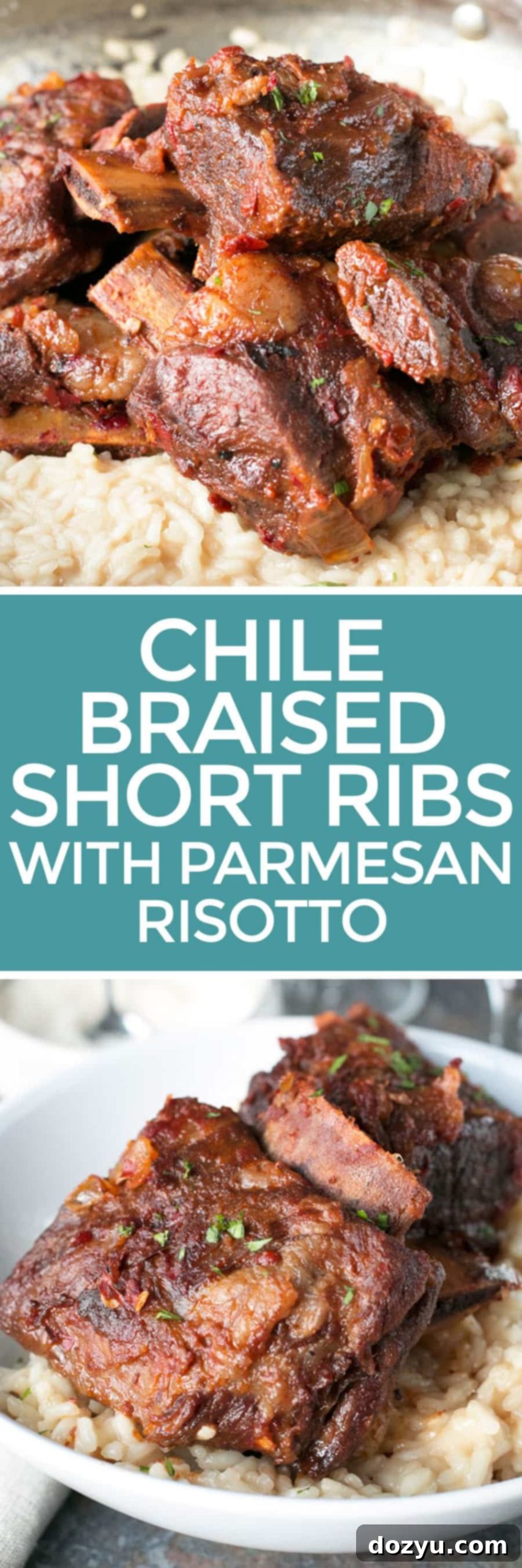 Pinterest friendly image for Chile Braised Short Ribs with Parmesan White Wine Risotto recipe