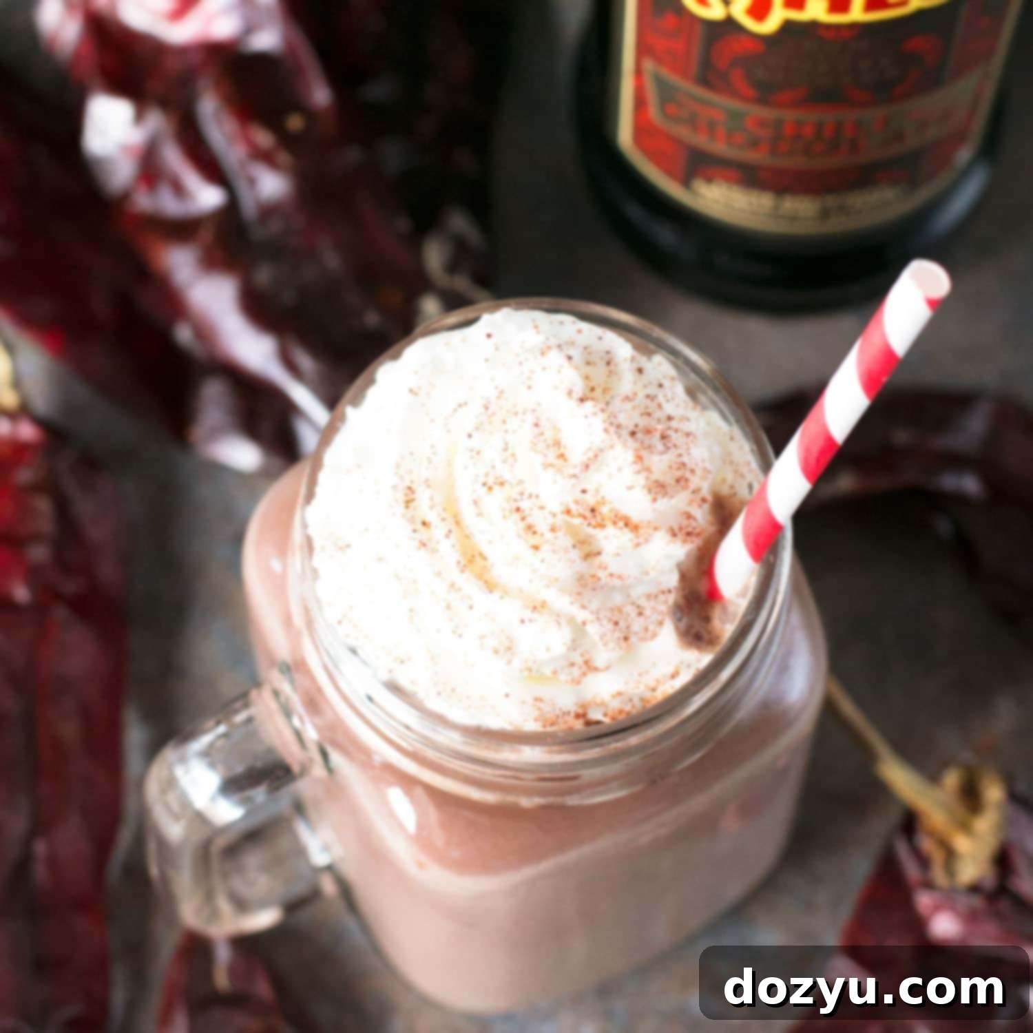 Spicy Spiked Hot Chocolate 8 A glass of Boozy Chili Hot Chocolate garnished with whipped cream and chili powder