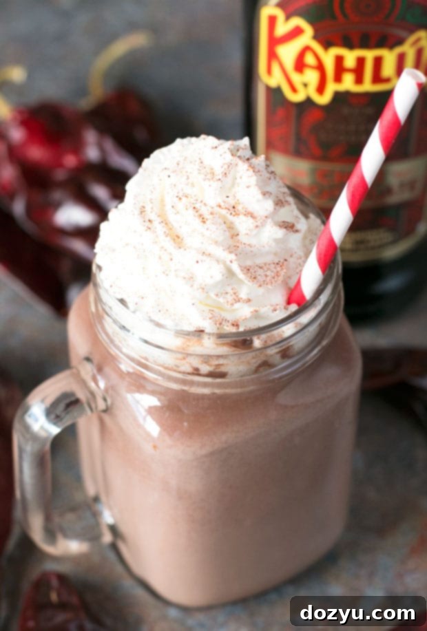 Spicy Spiked Hot Chocolate 6 Festive shot of Boozy Chili Hot Chocolate with holiday decorations