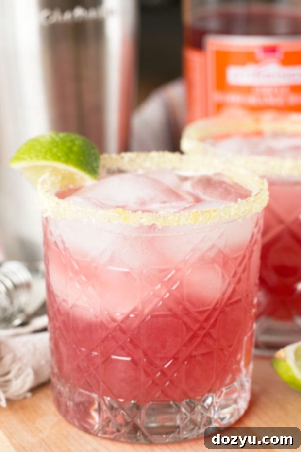 Close-up of a Winter Citrus Margarita, showcasing the beautiful red hue from blood orange, garnished with fresh lime.
