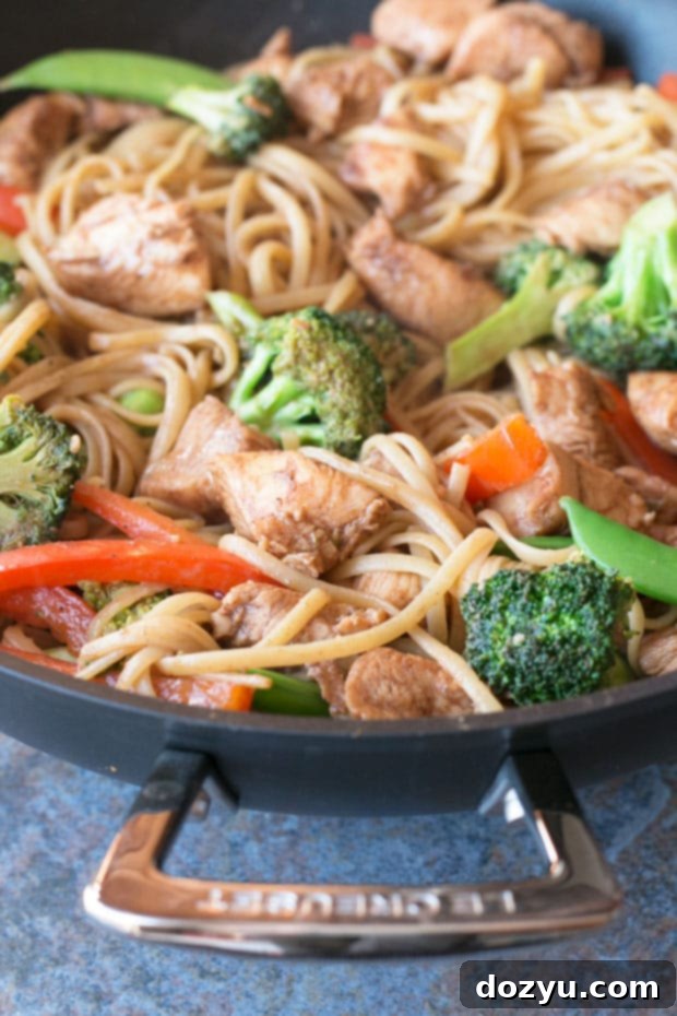 Close-up of Stir Fry Pasta, highlighting the fresh ingredients.