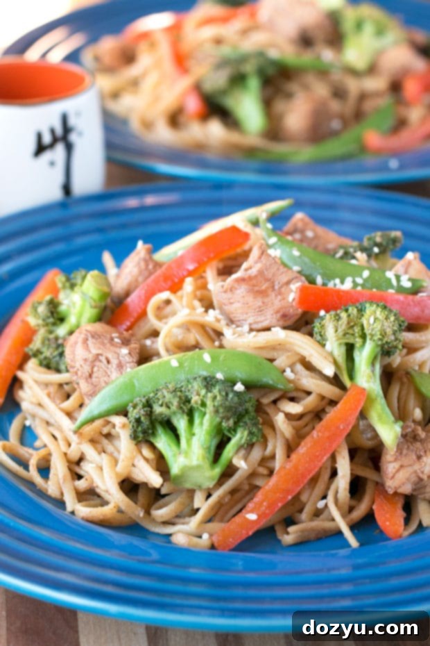 Stir Fry Pasta served on a colorful Le Creuset dinner plate.