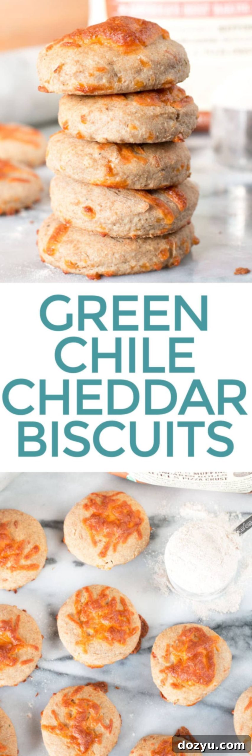 Pinterest graphic for Green Chile Cheddar Whole Wheat Biscuits recipe.