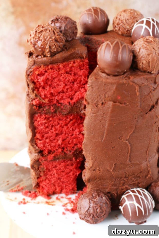 Layers of Red Velvet Cake with Chocolate Truffle Frosting | cakenknife.com