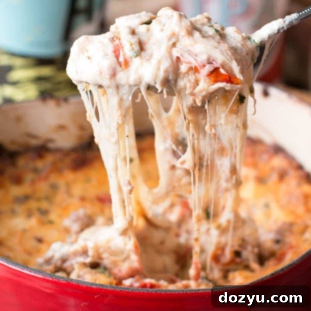 Spicy Lasagna Dip served in a round dish with crusty bread, featuring spicy Italian sausage, roasted tomatoes, and a blend of cheeses.