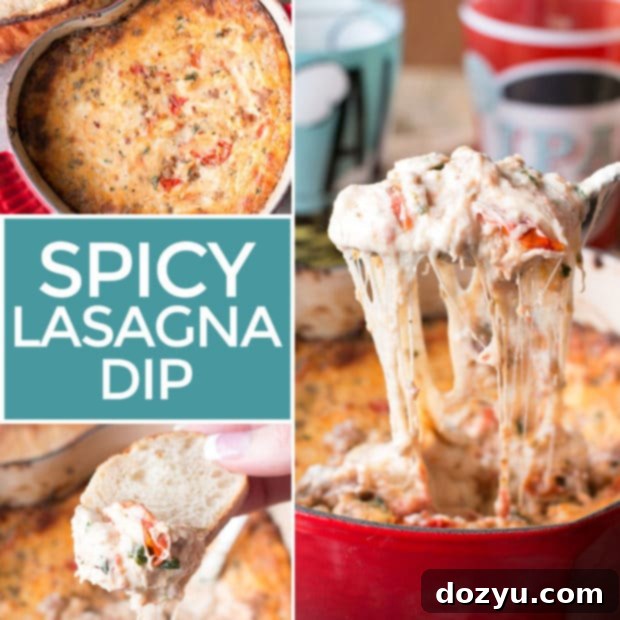 Spicy Lasagna Dip in a square format, perfect for social media sharing, showing the melted cheese and rich ingredients.