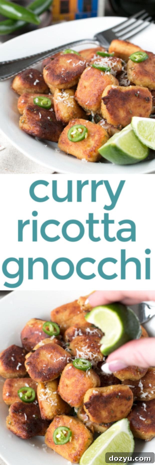 Pin this Pan Fried Curry Ricotta Gnocchi in Chile Lime Brown Butter Sauce recipe for later.