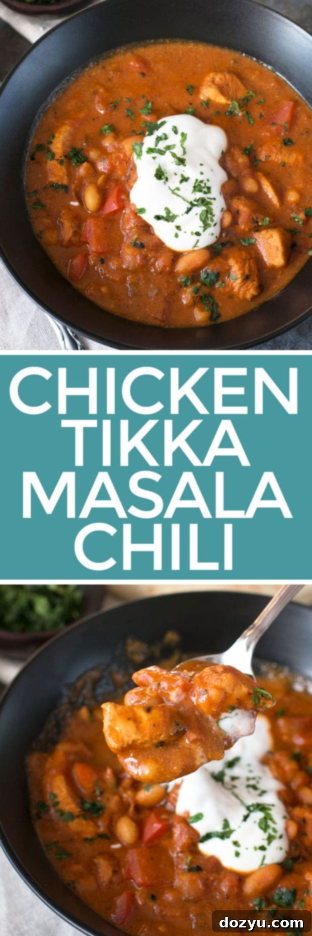 Pin this Tikka Masala Chicken Chili recipe for later. Features a bowl of chili with naan, cilantro, and yogurt. #soup #dinner #recipe