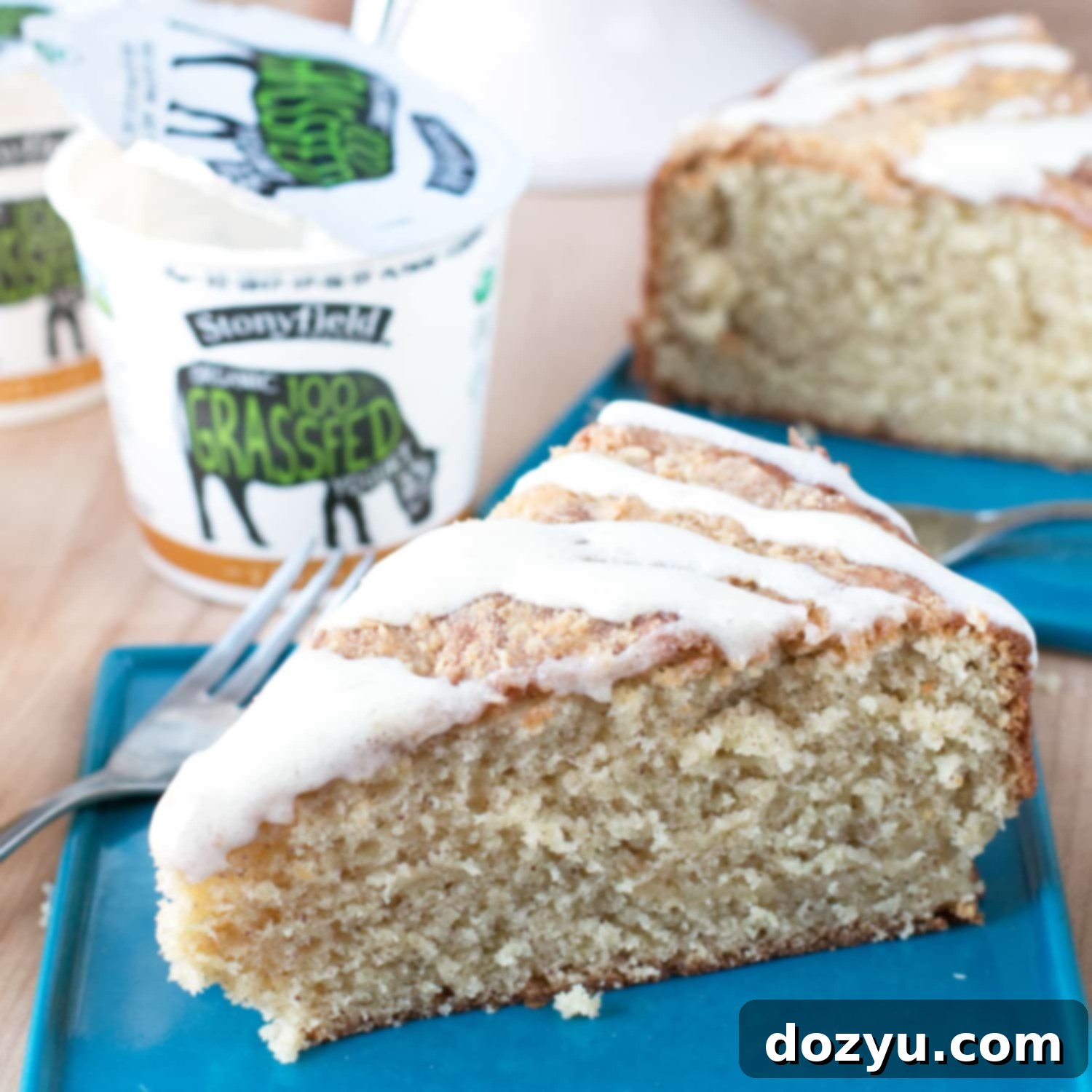 Almond Butter Yogurt Coffee Cake with streusel topping and lemon glaze.