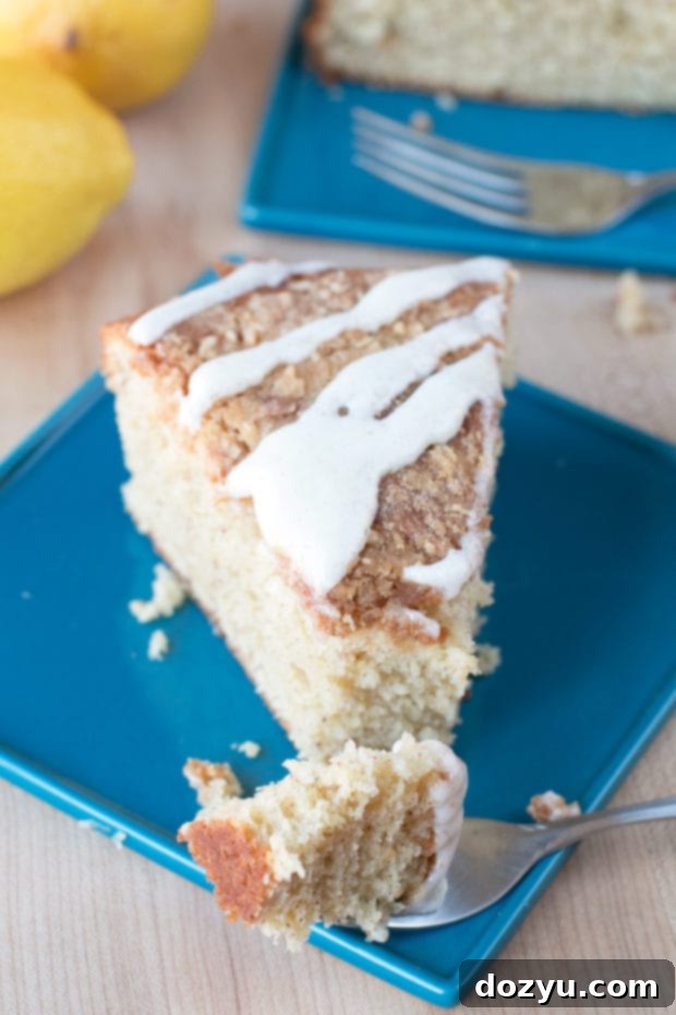 Overhead shot of Almond Butter Yogurt Coffee Cake, showing the beautiful streusel and glaze.