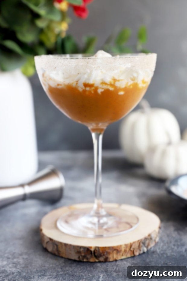Side photo of pumpkin martini with pumpkins, a perfect fall cocktail