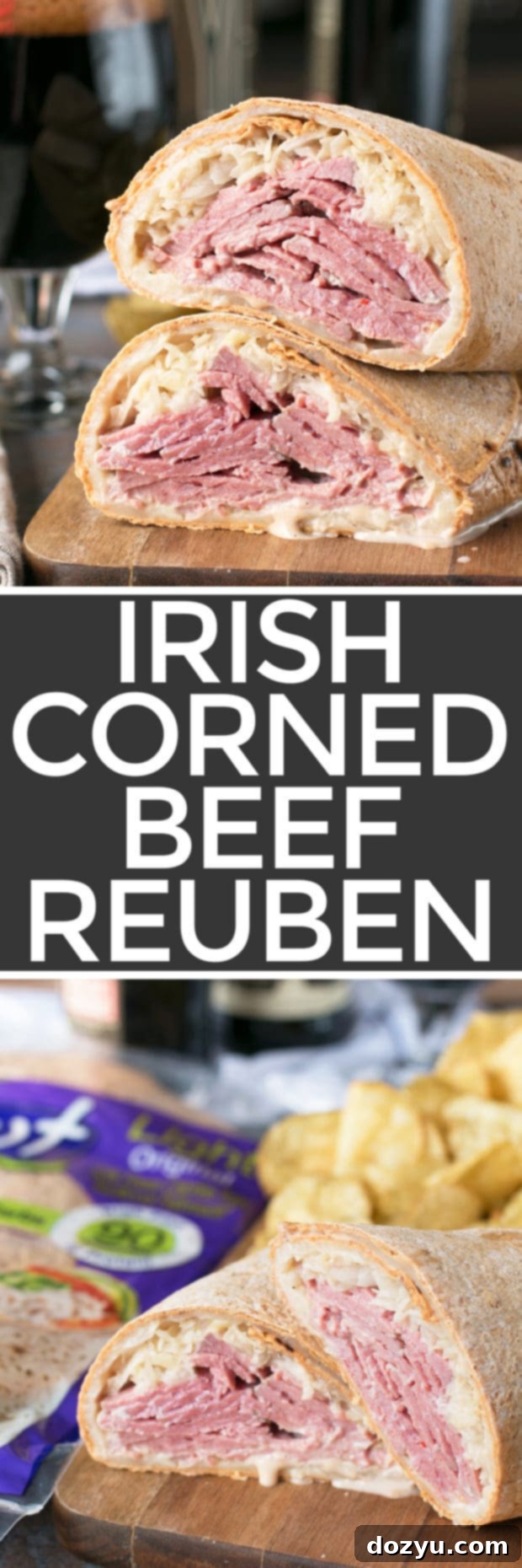 A vibrant square image of the Irish Corned Beef Reuben Wrap, perfect for Pinterest, showing the appetizing layers of filling within the flatbread, garnished with a pickle.