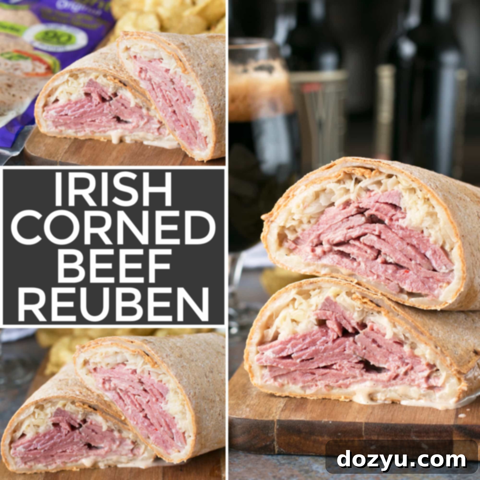 A square image of a delicious Irish Corned Beef Reuben Wrap, ideal for social media sharing, showing the colorful and rich filling.