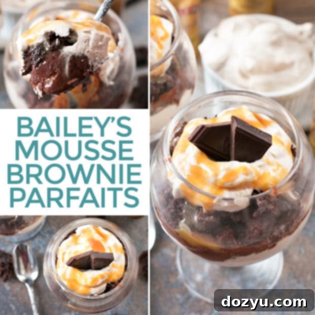 Square image for social media: Bailey's Chocolate Mousse Brownie Parfaits