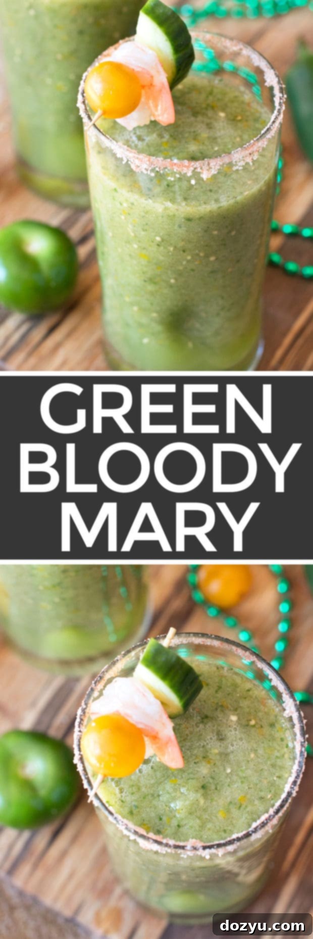 Pinterest graphic for Spicy Green Bloody Mary, featuring an eye-catching image of the vibrant drink and recipe title for easy sharing and saving.