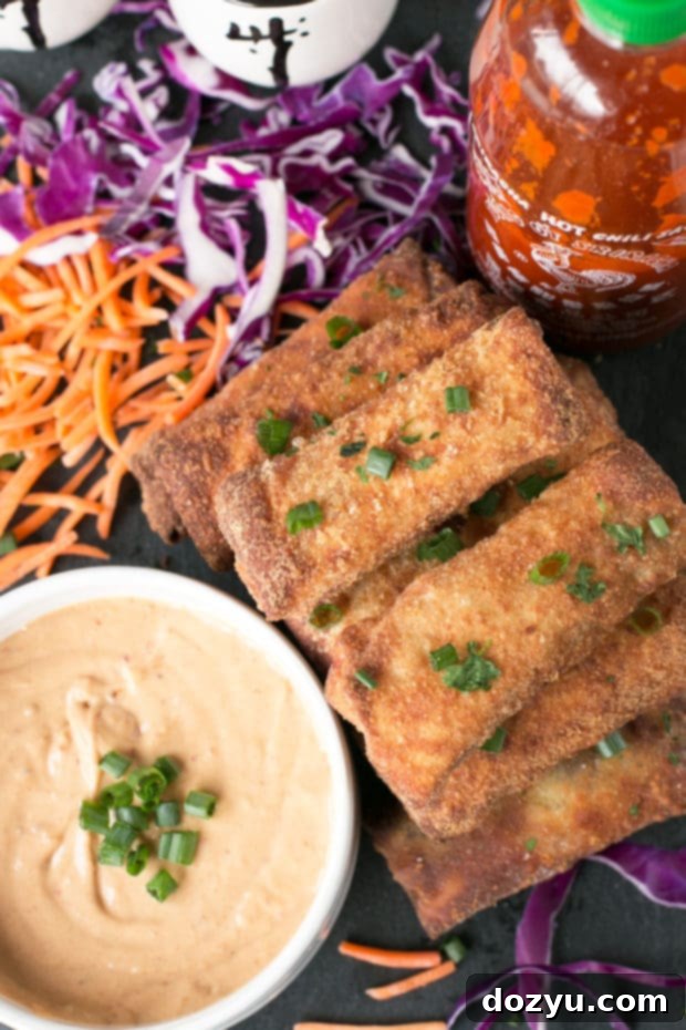 Close-up of freshly wrapped Thai Turkey Avocado Egg Rolls