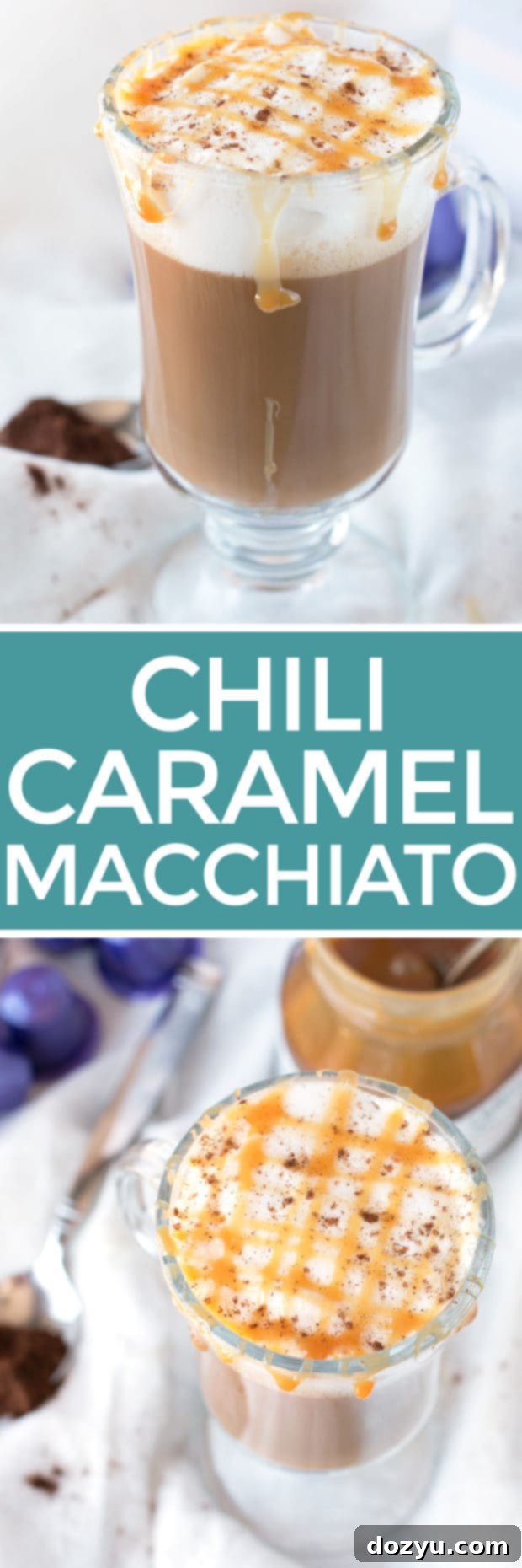 Chili Caramel Macchiato: Pin this recipe for a spicy sweet homemade coffee drink