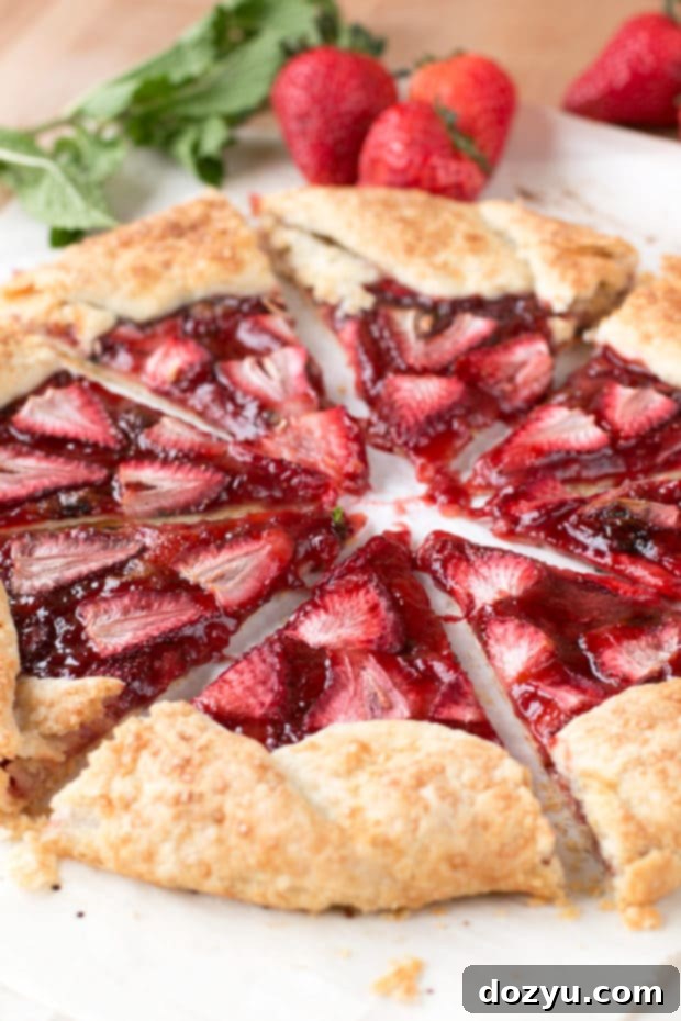 Close-up of a rustic Strawberry Mint Champagne Galette with fresh strawberries