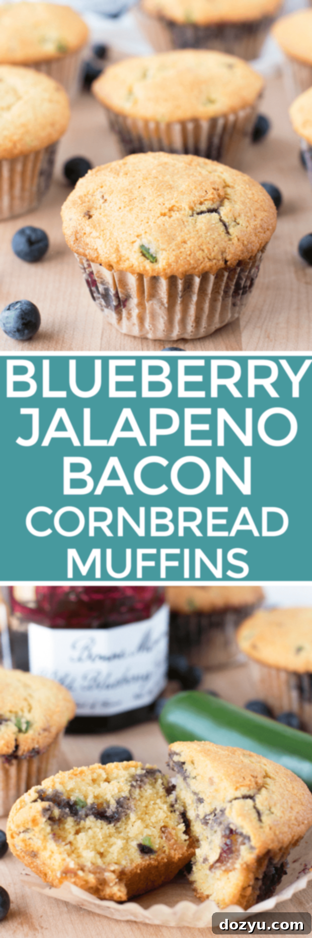 Pinterest graphic for Blueberry Jalapeño Bacon Cornbread Muffins, featuring a stack of muffins and key ingredients